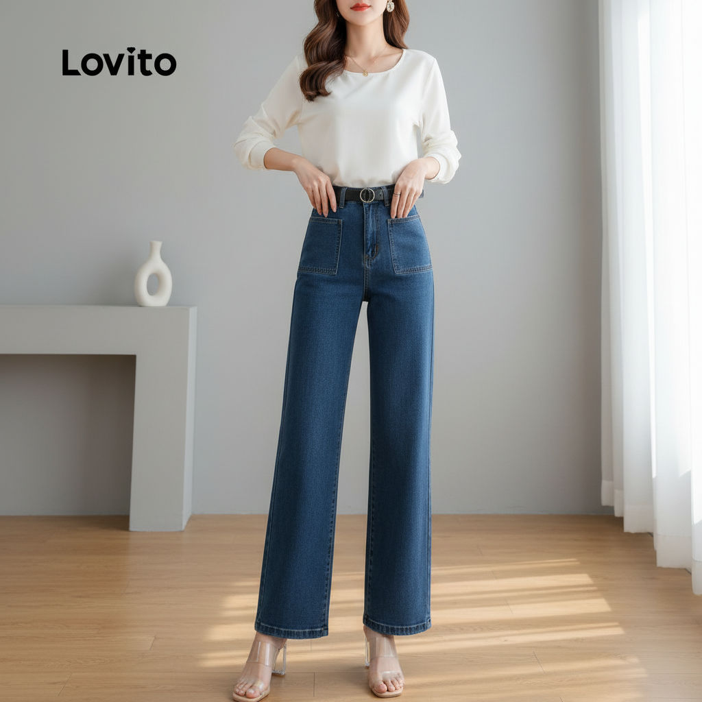 Lovito Elegante Calça Jeans Feminina Clássica Lavada Cinza Azul Versátil Primave