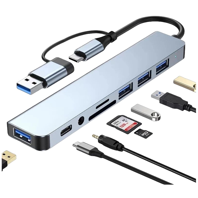 8 em 2 Hub USB 3.0 com USB-C, leitor de cartões TF e SD, e estação de acoplamento com saída de áudio de 3,5 mm para