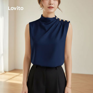 Lovito Blusa Azul-marinho Assimétrica Superior com Botões para Mulheres Primavera/Verão L155ED1408 em Oferta na Shopee