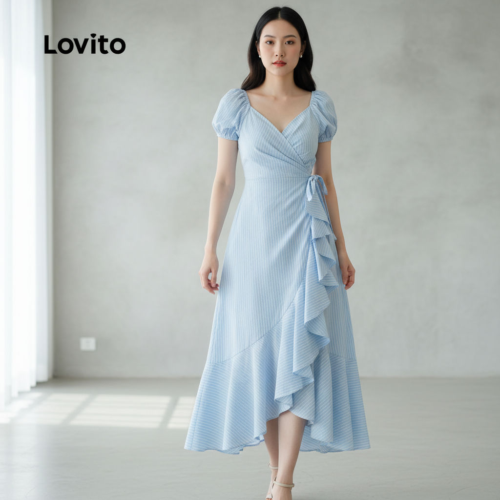 Lovito Refine Vestido Sofisticado Envelope com Babado Primavera/verão Azul para Mulheres L165ED1507 em Oferta na Shopee