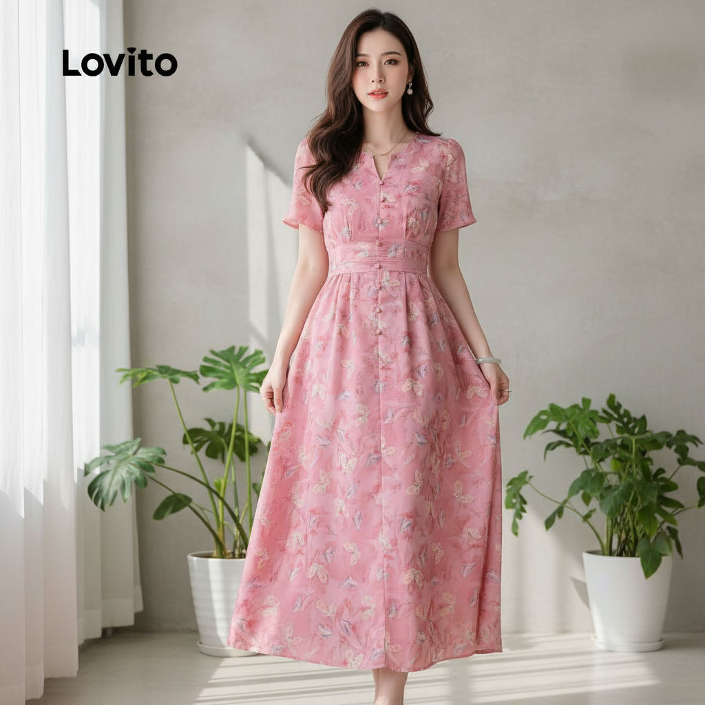 Lovito Vestido Elegante Pregueado Confortável e Fashion Rosa Cinza Primavera Verão L158ED1085 em Oferta na Shopee