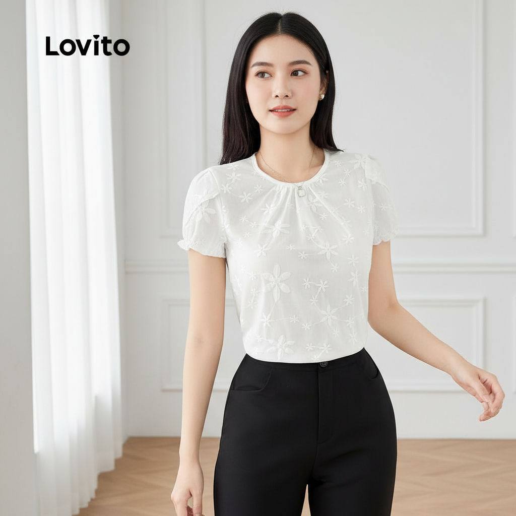Lovito Refine Blusa Feminina Branca Bordada Ilhós Primavera Verão L154ED131 em Oferta na Shopee
