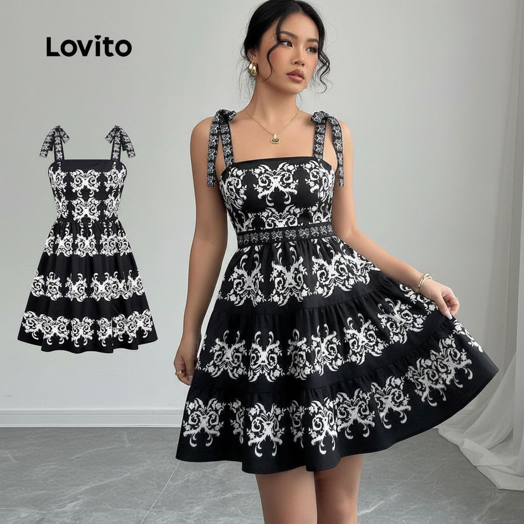 Lovito Vestido feminino estilo Boho com Renda para Primavera/Verão preto LBL31121 em Oferta na Shopee