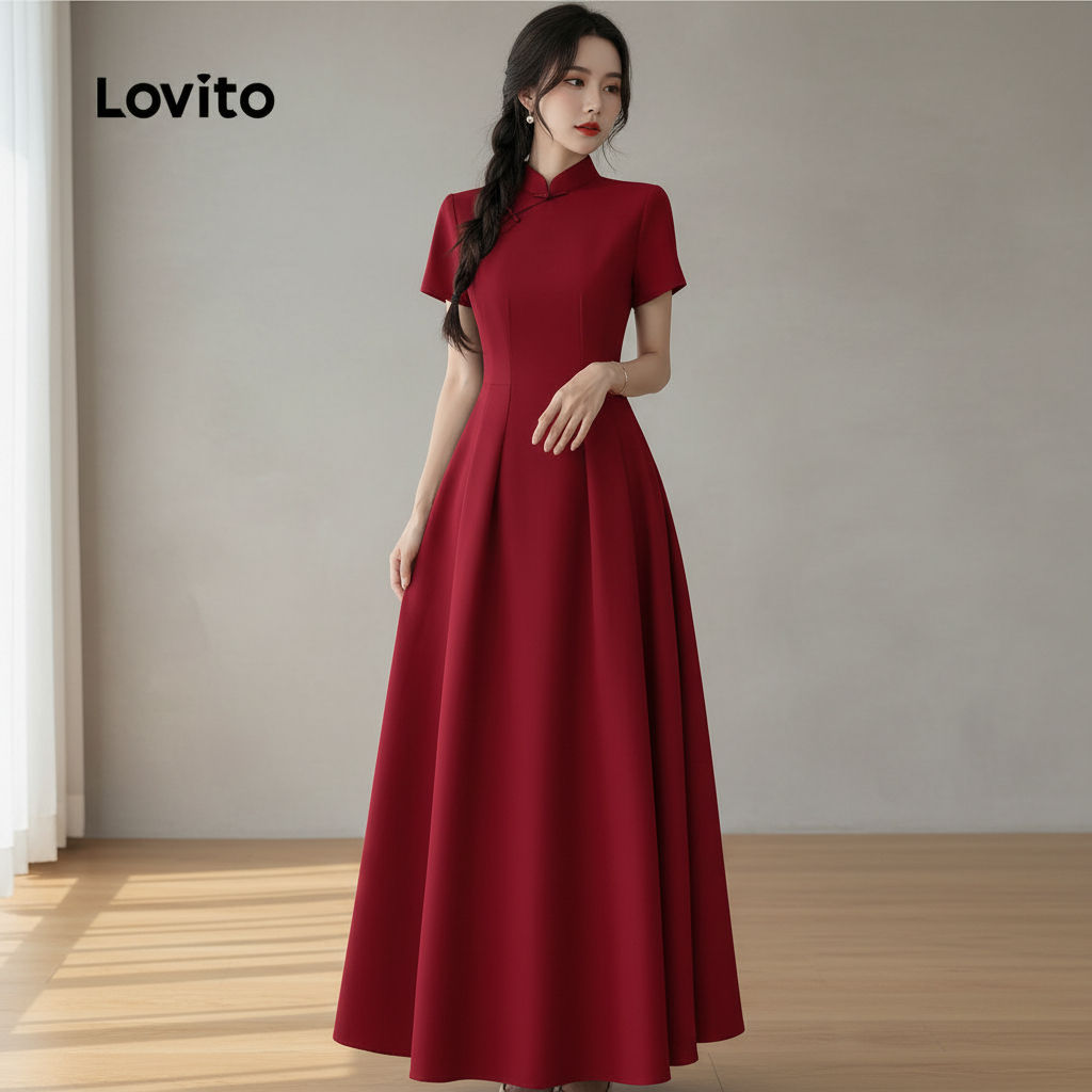 Lovito Refine Vestido Feminino Casual Cheongsam Qipao Primavera/verão Vestido Clarete para Mulheres LK2AD227 em Oferta na Shopee