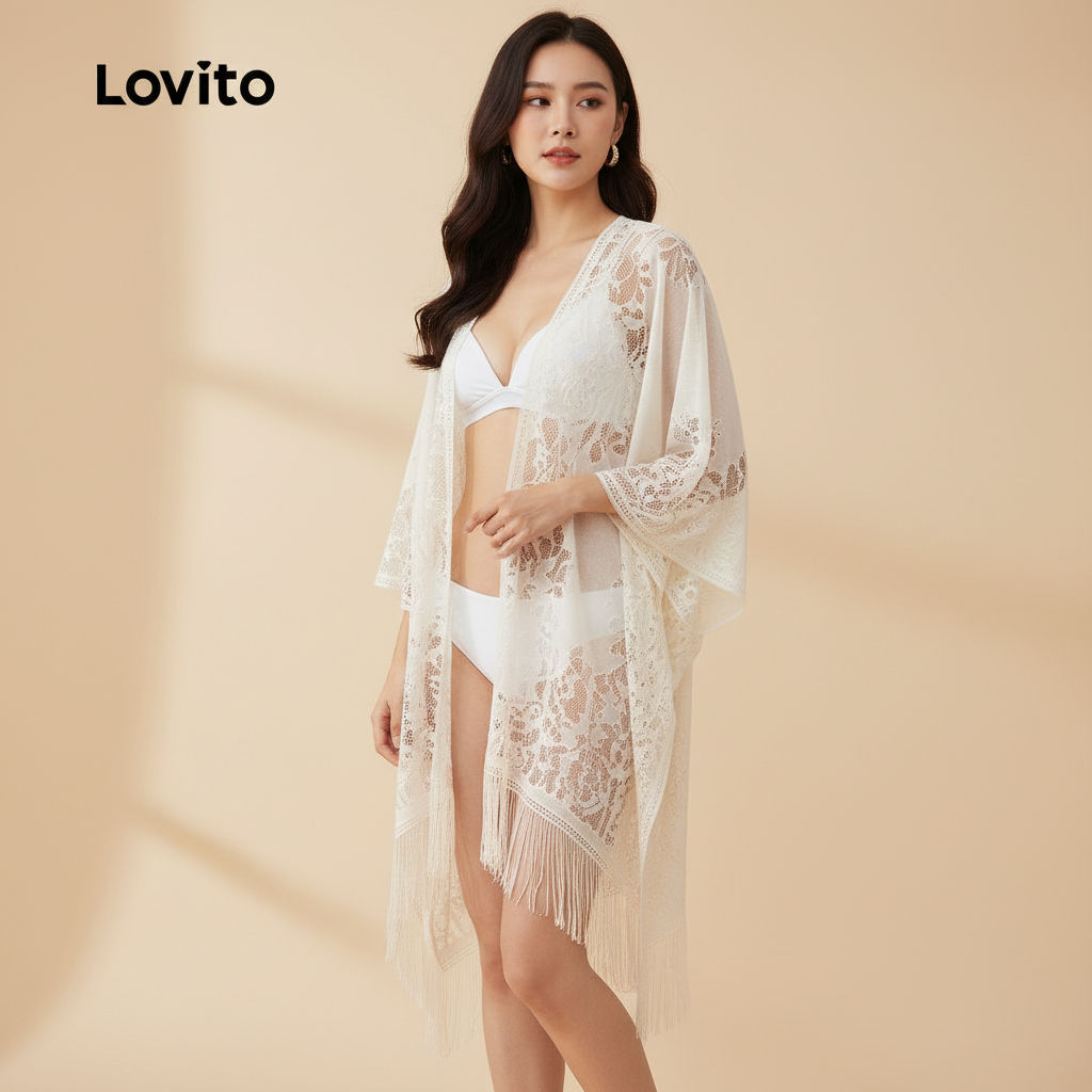 Lovito Refine Kimono Boho para Mulheres Primavera/Verão Preto LNE130X065 em Oferta na Shopee