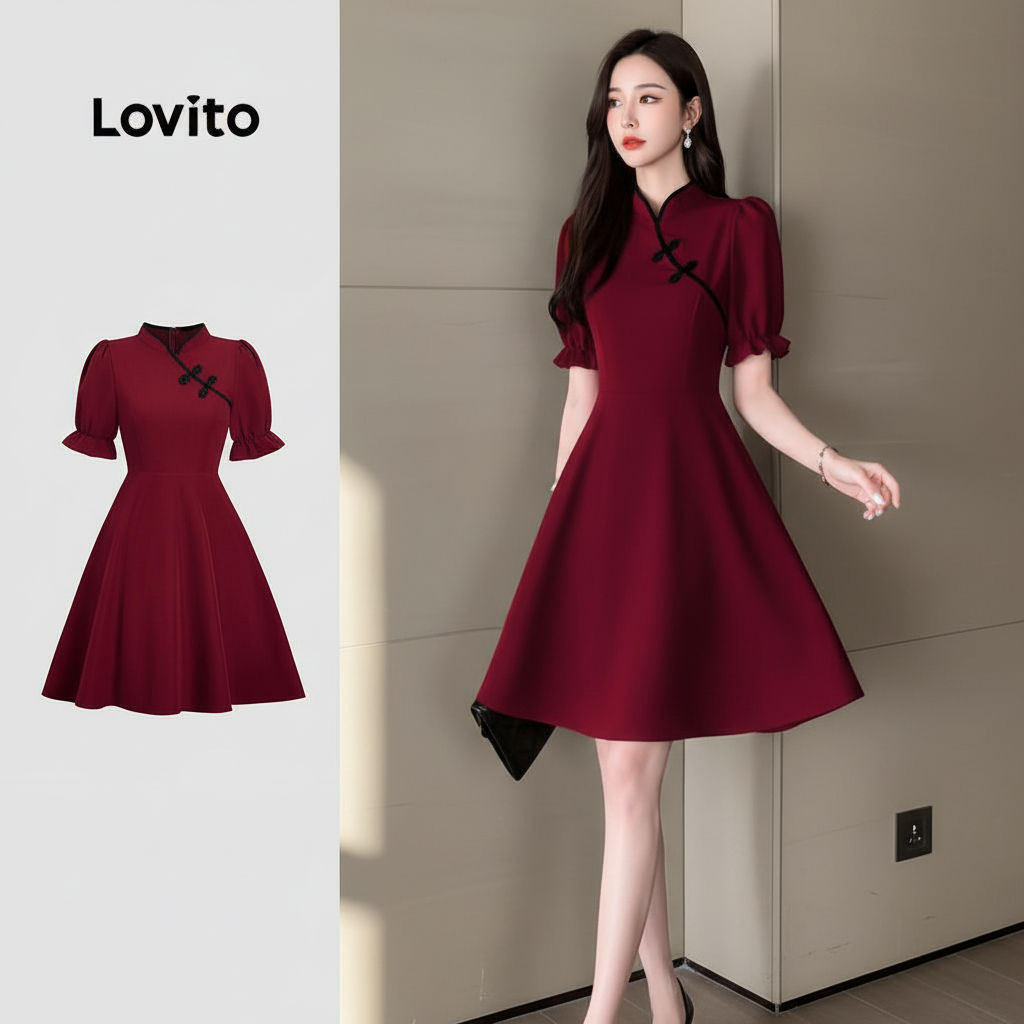 Lovito Refine Vestido Vermelho com Detalhes em Estilo Chinês para Primavera Verão Elegante L165ED164 em Oferta na Shopee