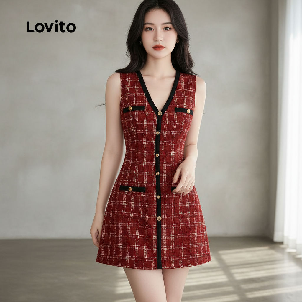 Lovito Vestido Feminino Casual Botões Contraste Primavera Verão Vinho LK2ED034 em Oferta na Shopee