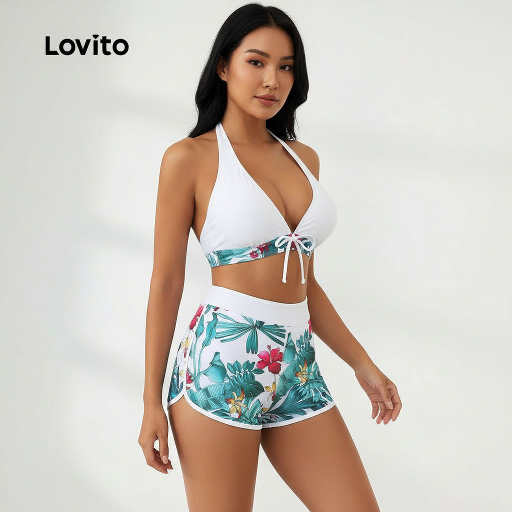 Lovito Conjunto de Biquíni Boho com Laço para Primavera Verão Feminino LNL126266 em Oferta na Shopee