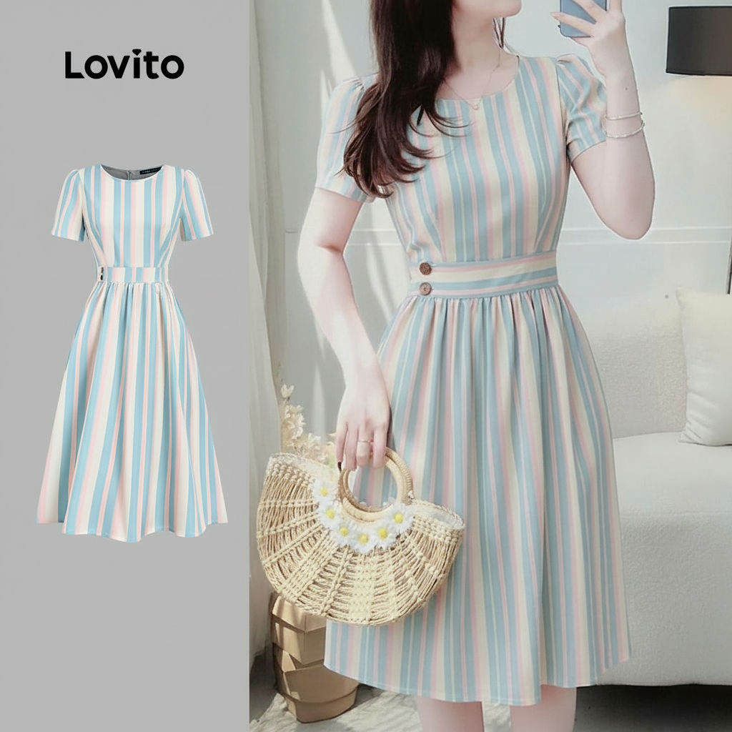 Lovito Vestido Casual Feminino com Botões Geométricos Primavera Verão L164ED357