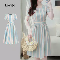 Lovito Elegante Vestido Feminino com Botões Geométricos Primavera Verão L164ED357