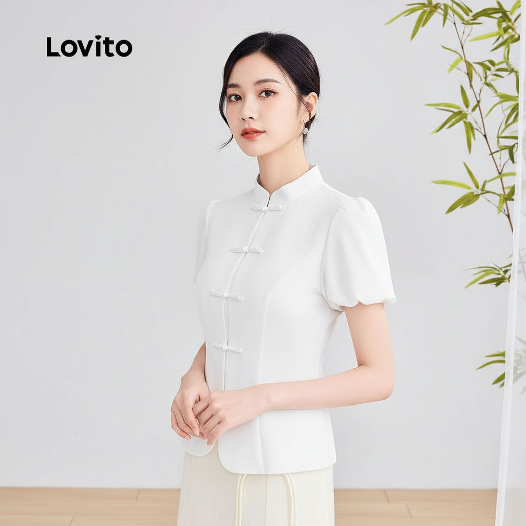 Lovito Blusa Casual Nova Cheongsam Estilo Chinês Qipao Primavera Verão Blusa Branca para Mulheres L166AD229 em Oferta na Shopee