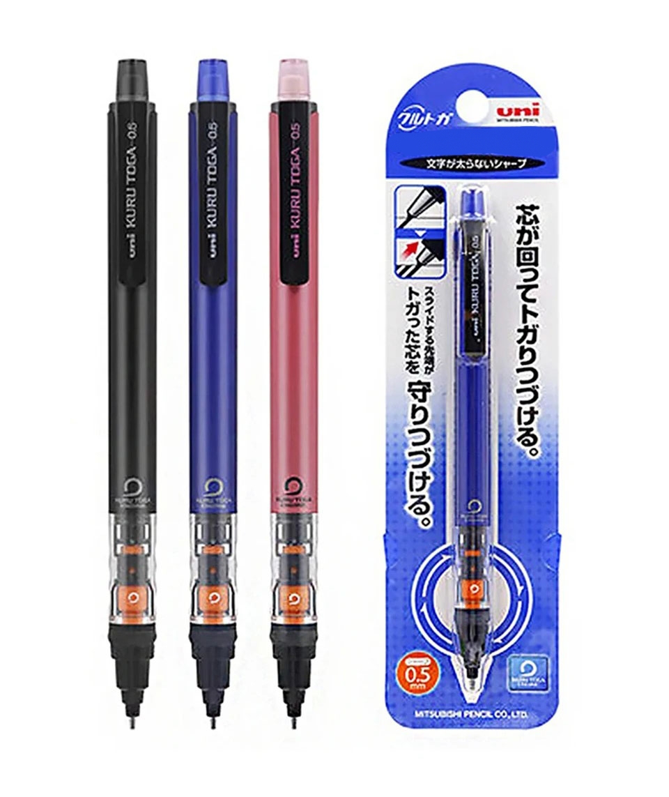 Conjunto de Lápis Mecânico Automático KURUTOGA M5-452 0,5mm, 3 Cores com Prendedor, Inclui Minas e Borracha, Embalado