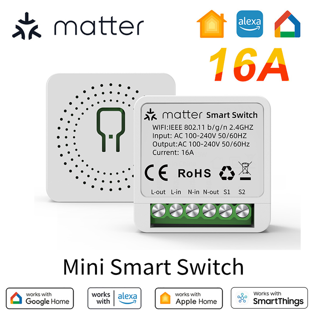 Matéria WiFi Mini Interruptor Inteligente 16A Módulo De Relé Automação Residencial DIY Tomada Controle Duplo Sem Fio Com
