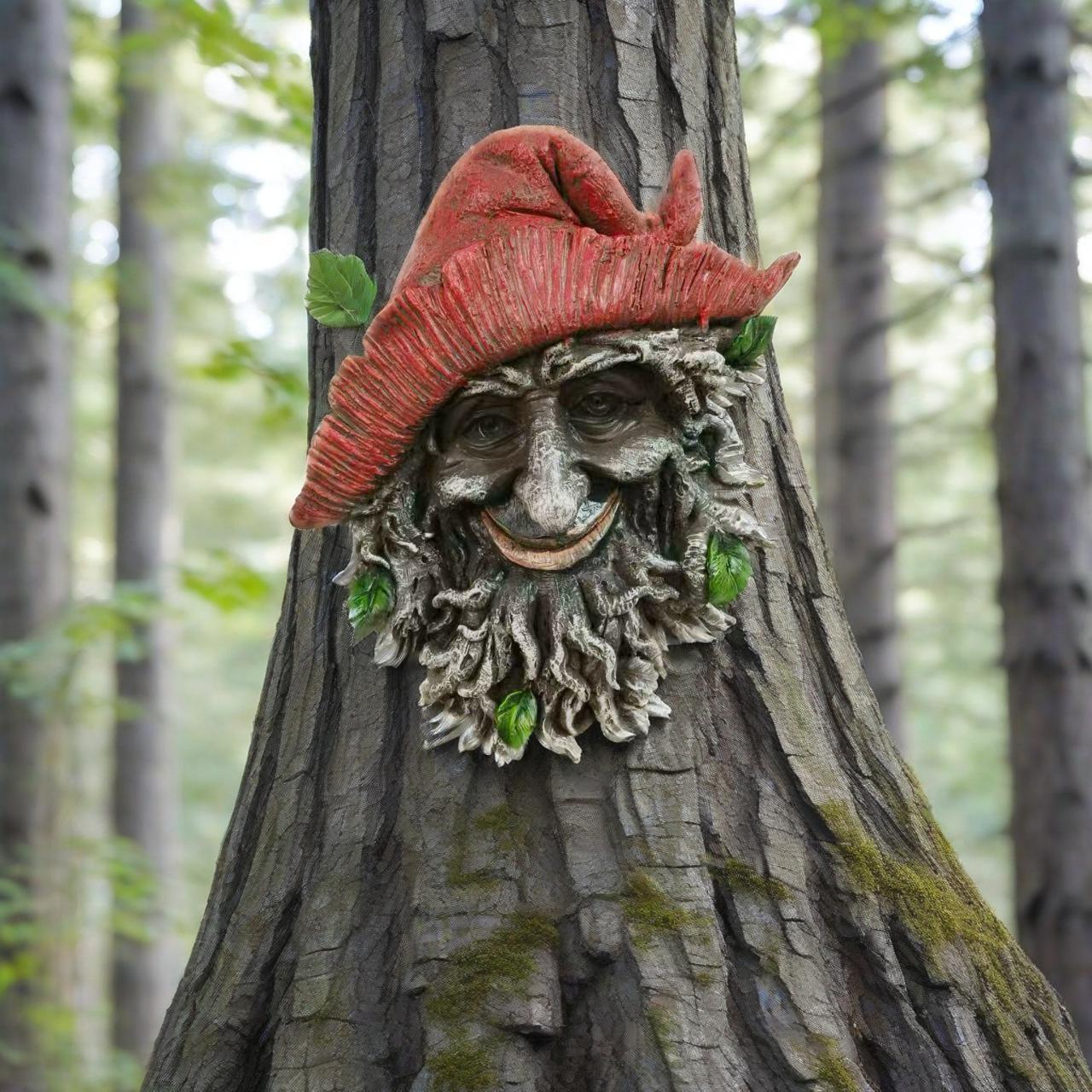 Arte De Parede De Resina Facial De Gnomo De Árvore De Chapéu Vermelho-Escultura De Jardim Ao Ar Livre De Espírito Flores