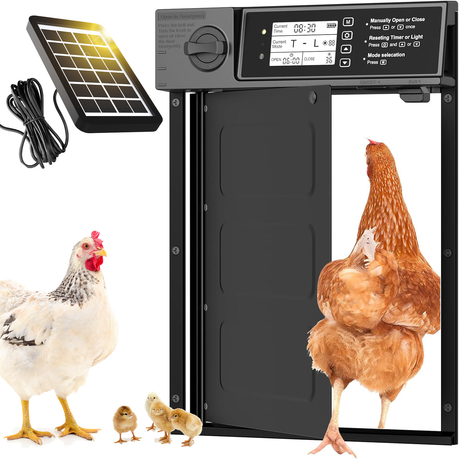 Porta automática para galinheiro com energia solar, equipada com timer, controle remoto e sensor de luz, com design de