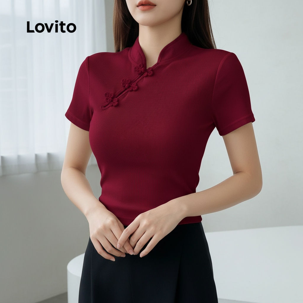 Lovito Camiseta Assimétrica Elegante Primavera Verão Damasco L164ED414