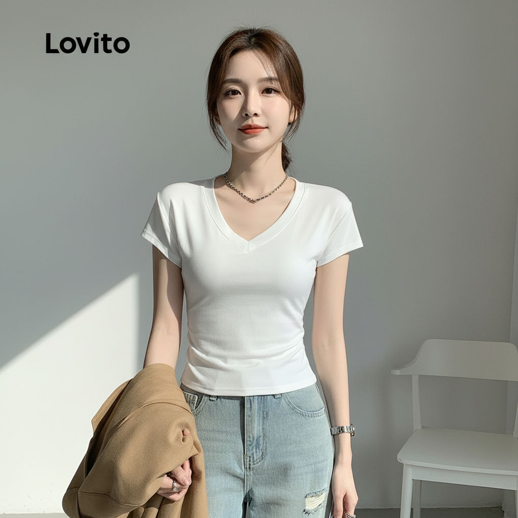 Lovito Blusa Casual Feminina Macia e Confortável para Primavera/verão Branca LNL105460 em Oferta na Shopee
