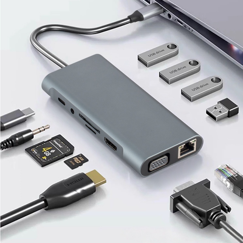 Adaptador Digicam Hdmi 11 em 1 Tipo C Hub USB HDTV 4K VGA SD OTG PD Ethernet para Laptop