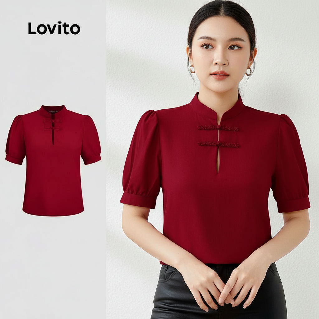 Lovito Blusa Vermelha Feminina Estilo Chinês Casual Cheongsam Primavera/Verão L157ED1023 em Oferta na Shopee