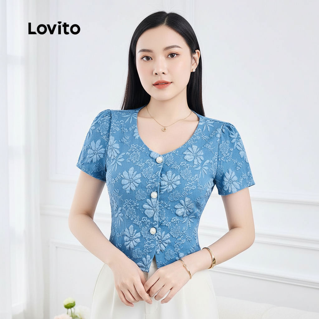 Lovito Blusa Azul com Botões para Mulheres Elegante L155AD257 em Oferta na Shopee