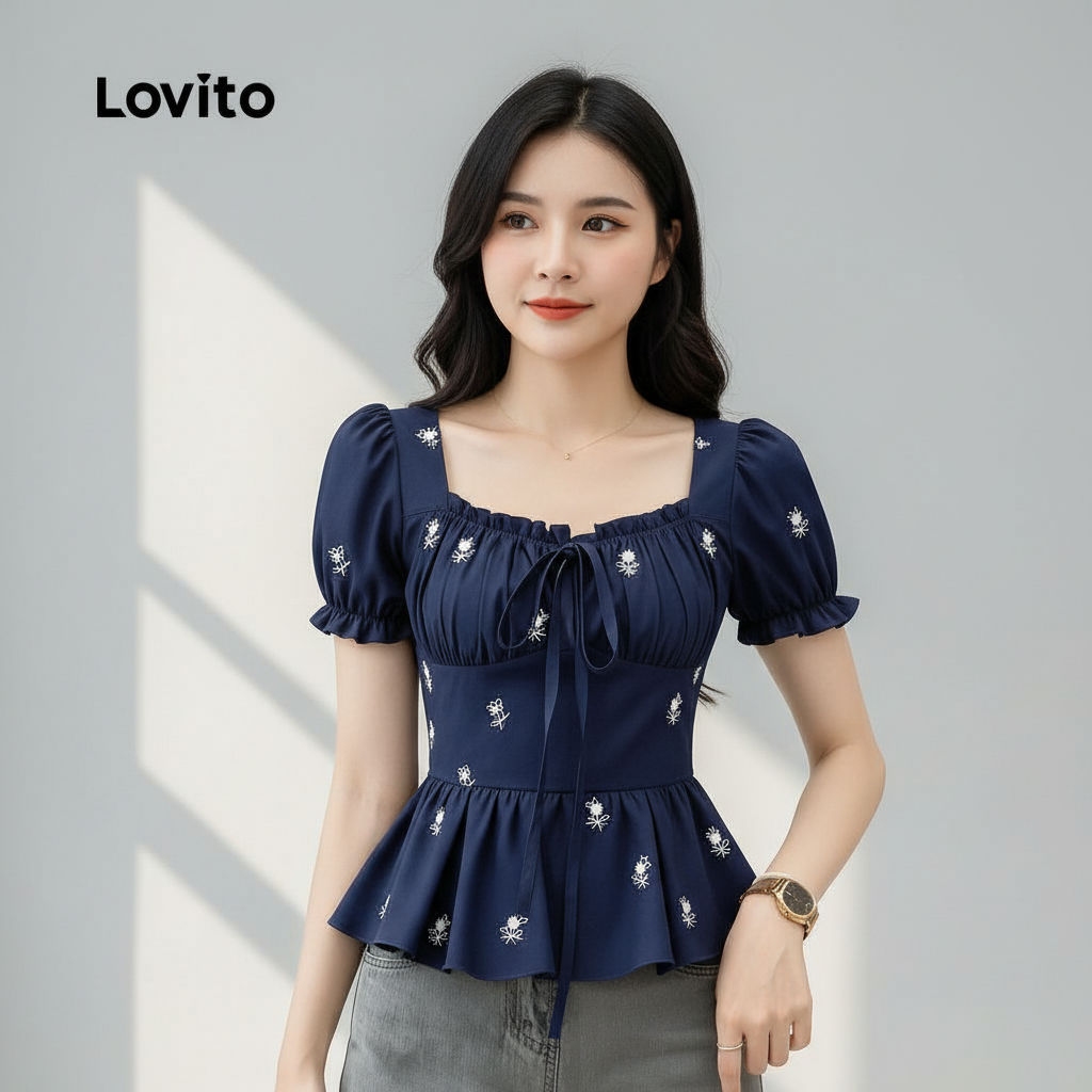 Lovito Blusa Azul Marinho para Mulheres Casual LK2ED1665 em Oferta na Shopee