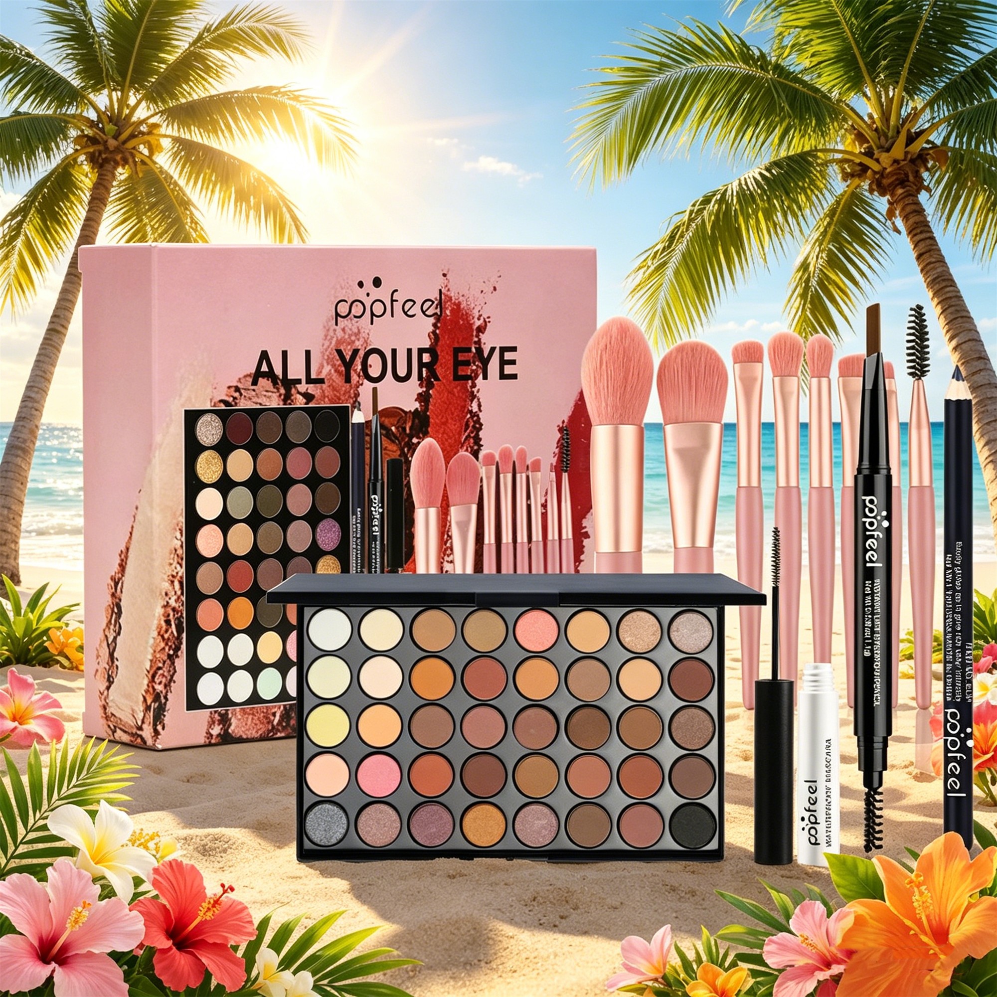 Kit de Maquiagem Completo POPFEEL: Paleta de 40 Cores + Pincéis, Lápis de Sobrancelha e Máscara, Conjunto de Viagem