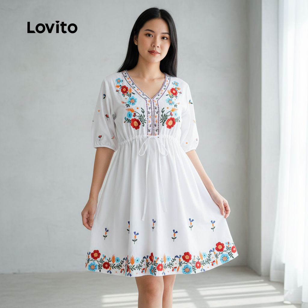 Lovito Vestido Feminino Elegante para Verão Branco LK2AD1079 em Oferta na Shopee