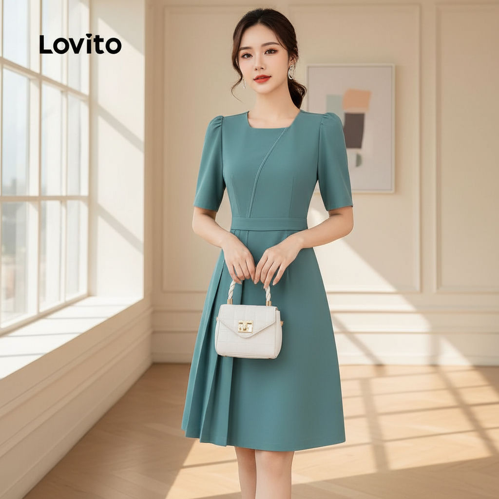 Lovito Refine Vestido Drapeado Elegante para Mulheres em Cinza Verde, Primavera/Verão L158AD203 em Oferta na Shopee