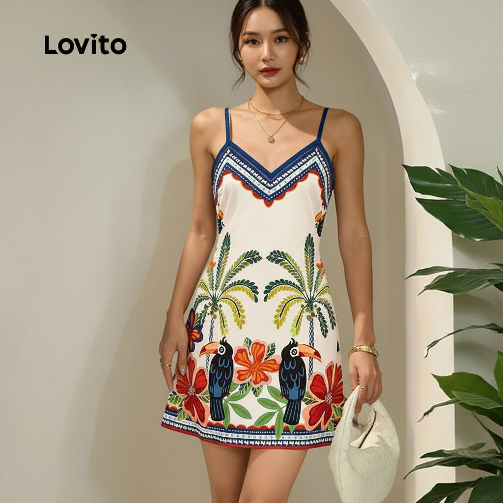Lovito Vestido Boêmio Alças Ajustáveis para Primavera/Verão Feminino LBL31253 em Oferta na Shopee