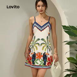 Lovito Férias Vestido Boêmio Alças Ajustáveis para Primavera/Verão Feminino LBL31253