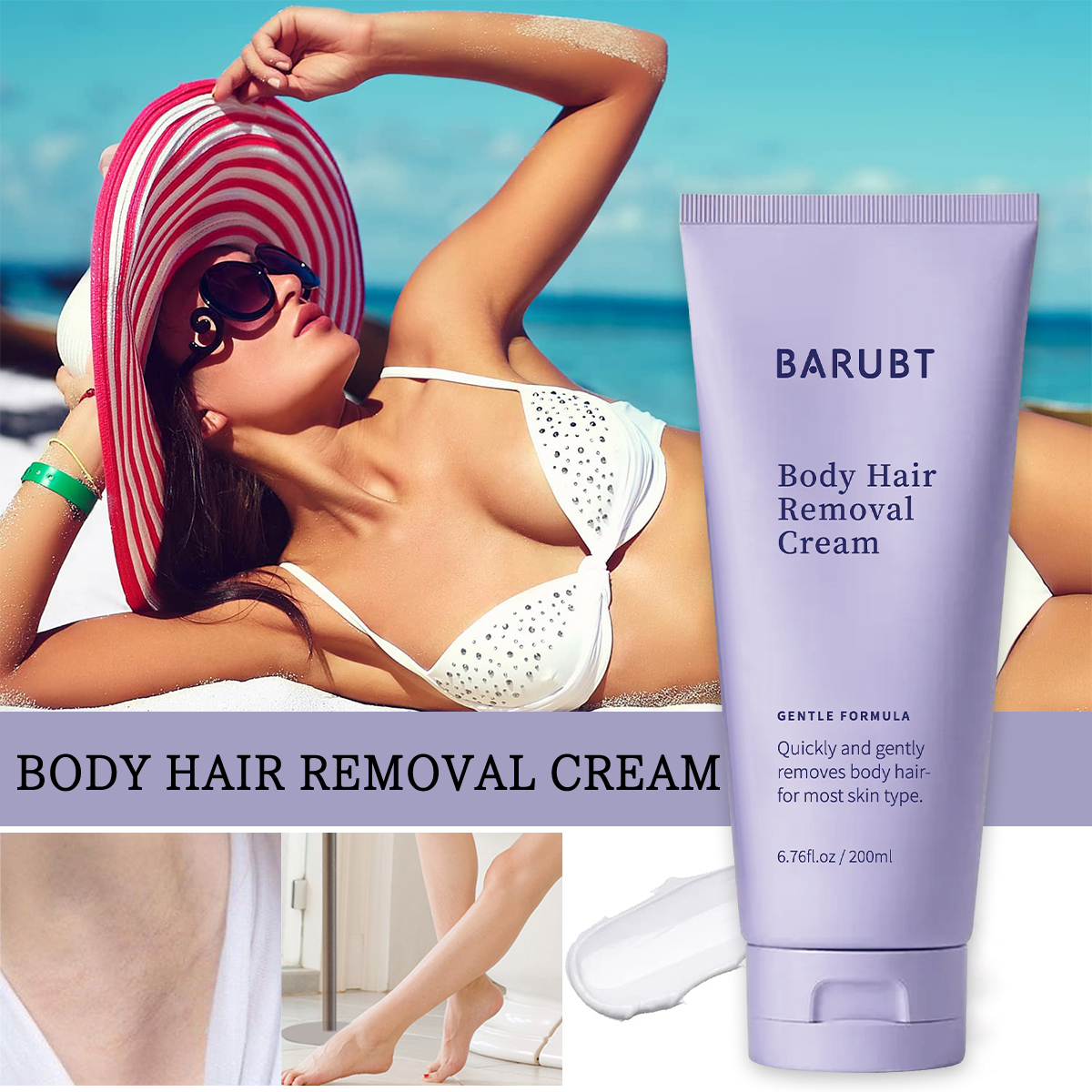 Creme depilatório compatível com pele sensível BARUBT, limpeza suave diária, cuidado com a penugem, limpeza facial