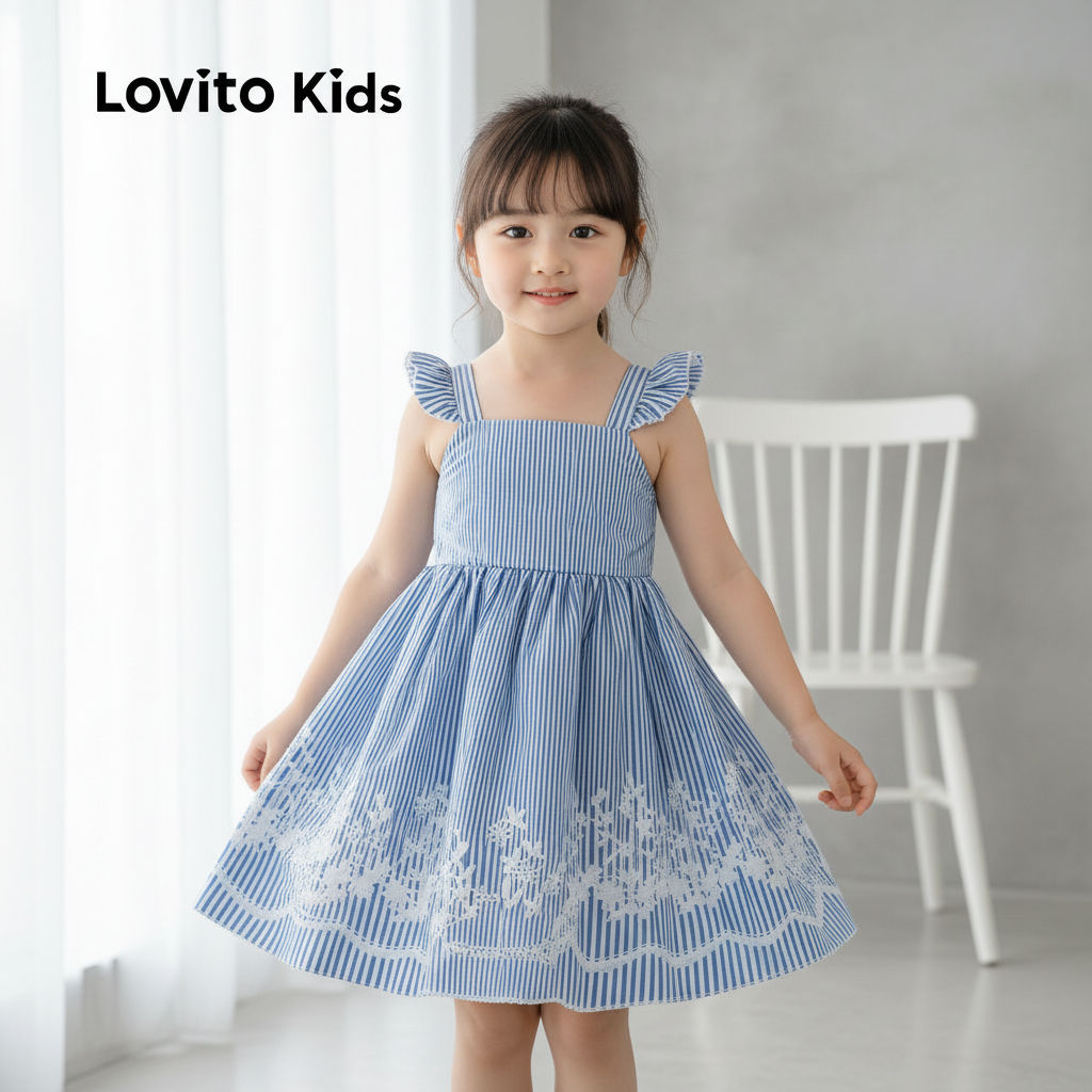 Lovito Kids Vestido Delicado com Babados Azul para Meninas L162LD197 em Oferta na Shopee