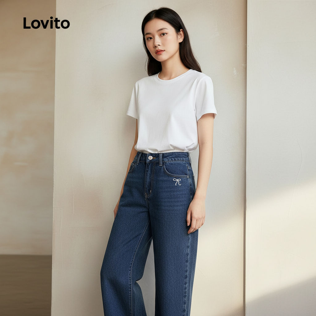 Lovito Calça Jeans Feminina Azul Escuro com Bordado no Bolso para Todas as Estações L166AD347 em Oferta na Shopee