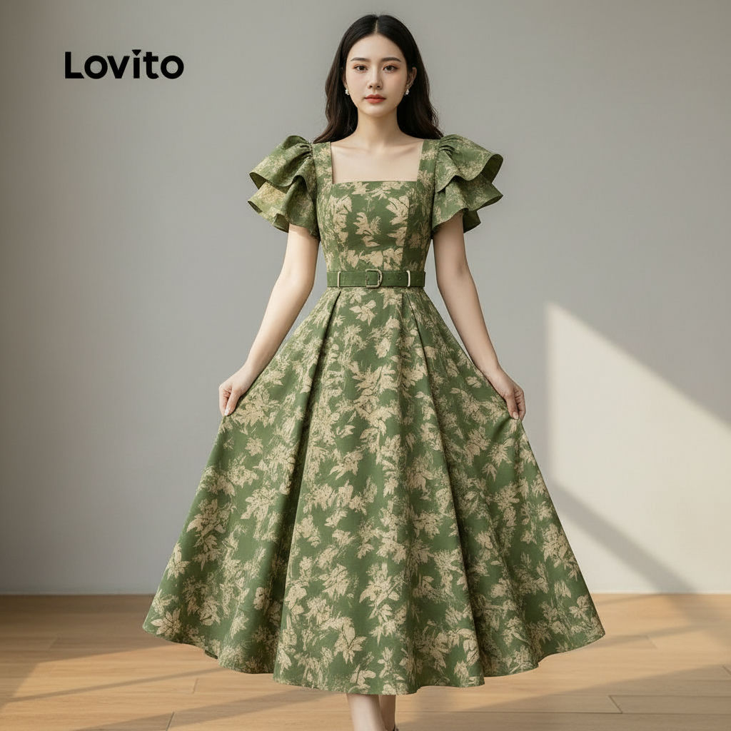 Lovito Vestido Feminino Primavera/Verão Com Babados E Flores Para Festas LK2EDD123