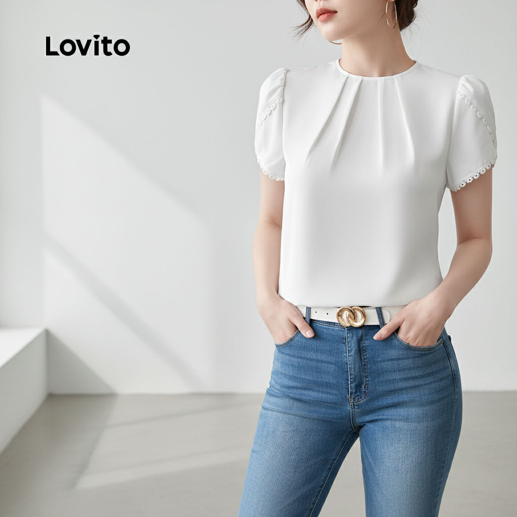 Lovito Blusa Feminina Casual Renda Lisa Plissada Verão Primavera Branca L134ED441 em Oferta na Shopee