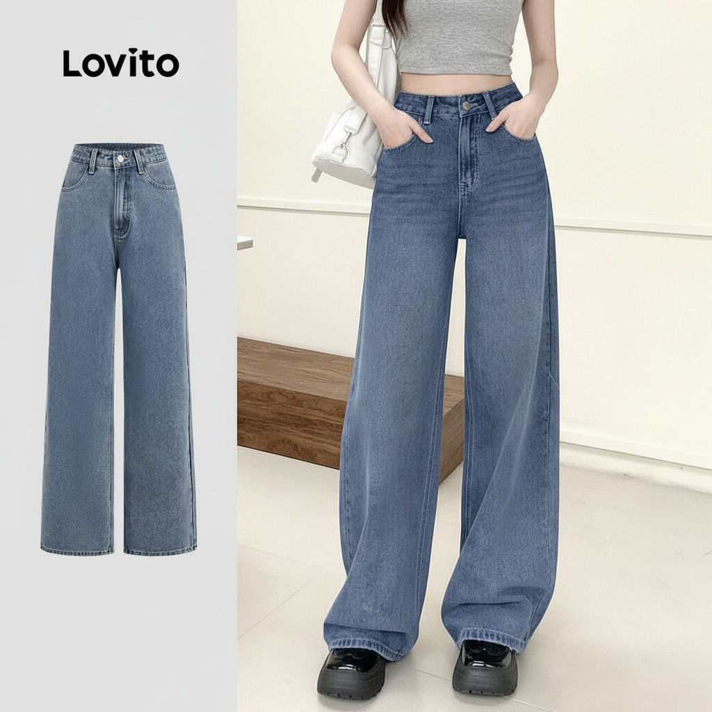 Lovito Calça Jeans Azul Feminina Casual Lavada com Bolso Primavera Verão L164ED323 em Oferta na Shopee