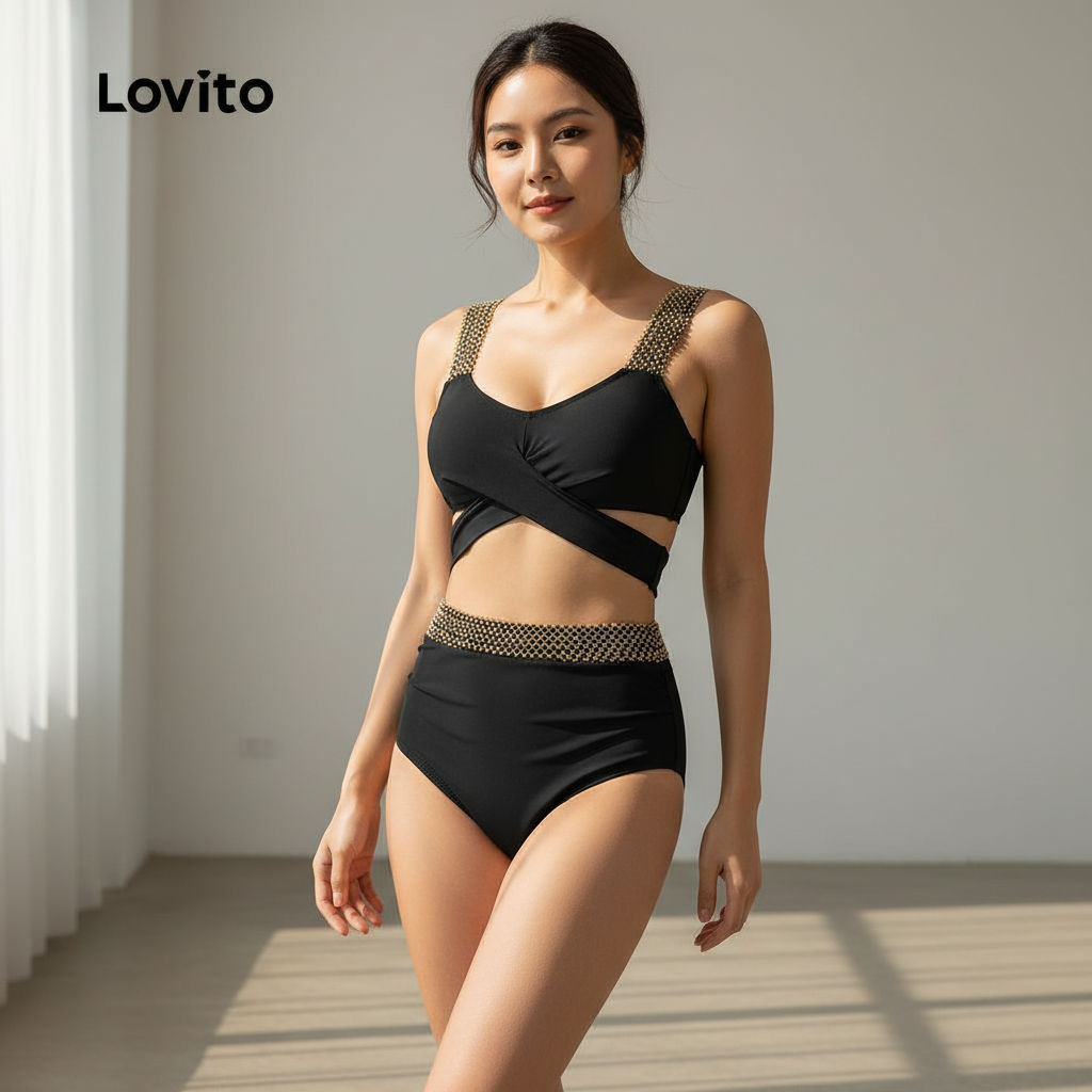 Lovito Conjunto Biquíni Boho Recorte Primavera Verão Preto Feminino LNL126259 em Oferta na Shopee