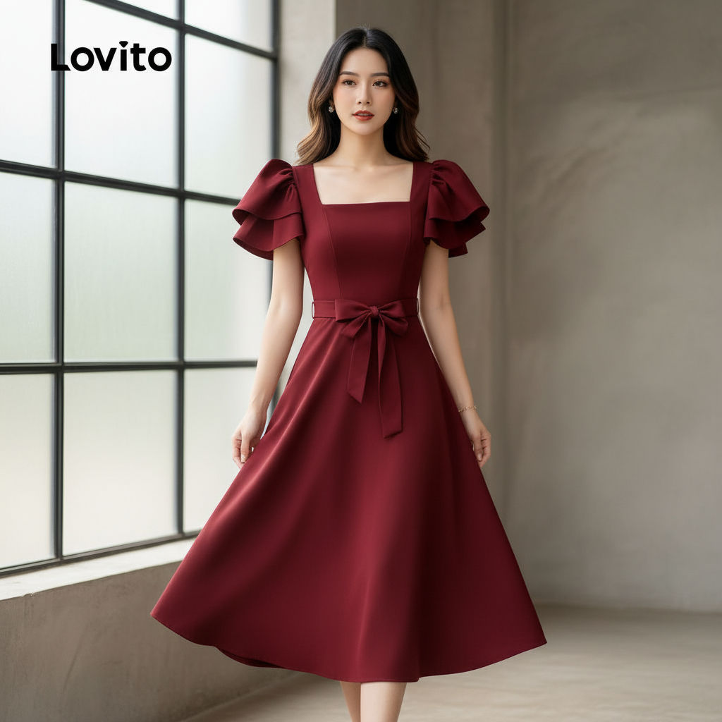Lovito Refine Vestido feminino Clarete para Primavera/Verão com Babados e Renda L166AD143 em Oferta na Shopee