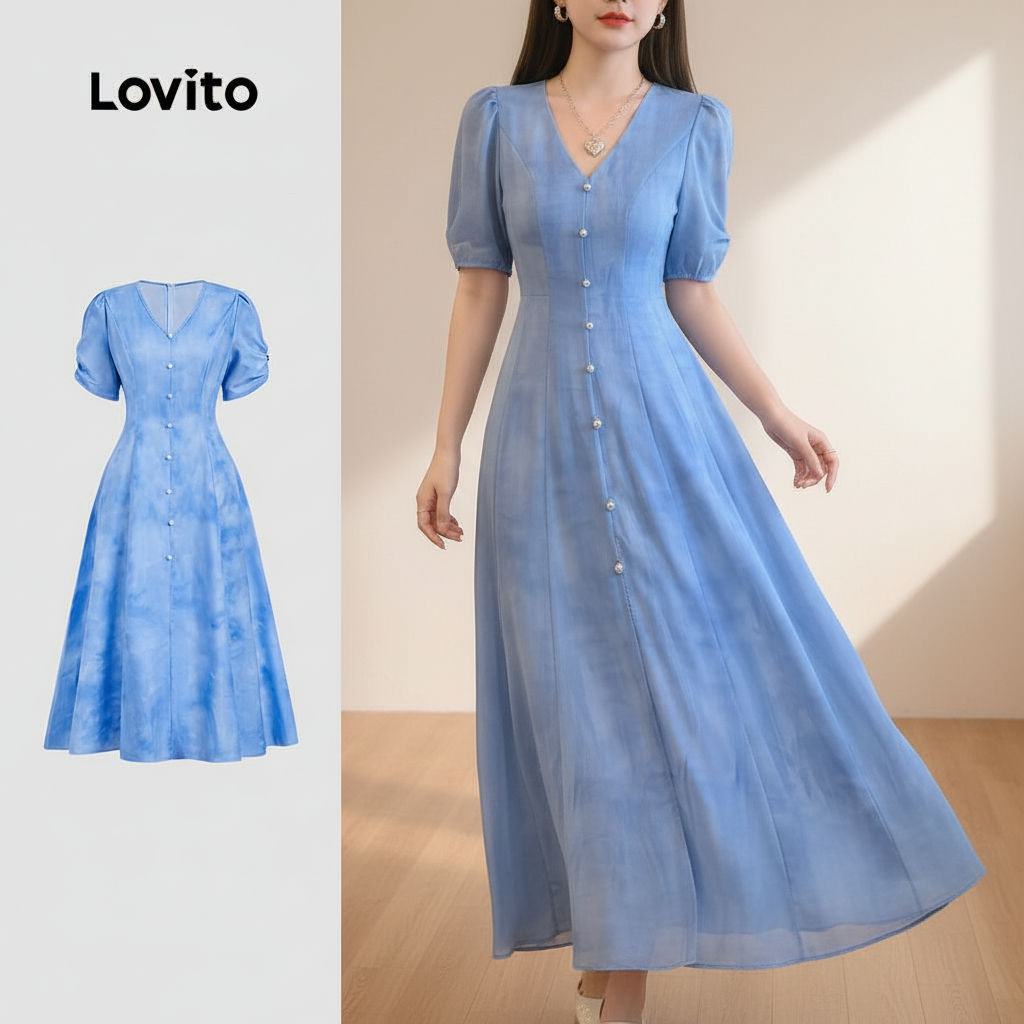 Lovito Elegante Vestido feminino com botões Primavera/Verão Azul L158AD190