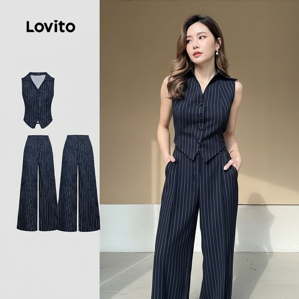 Lovito Casual Camisas ou Calças Botão Estrutura Linha Terno Azul Marinho Camisas ou Calças para Mulheres. L171AD051 em Oferta na Shopee