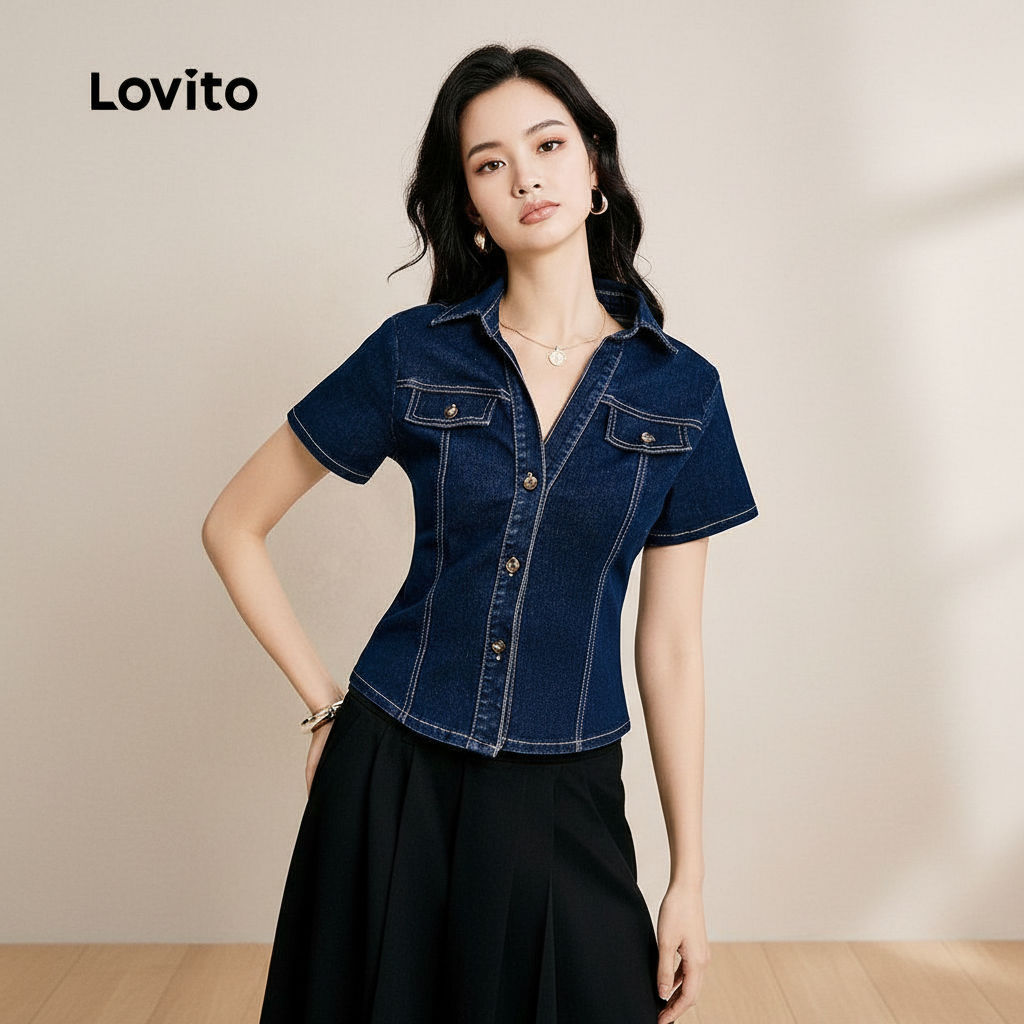 Lovito Jaqueta Jeans Azul Feminina com Bolso Falso Primavera Verão Casual L155ED506 em Oferta na Shopee