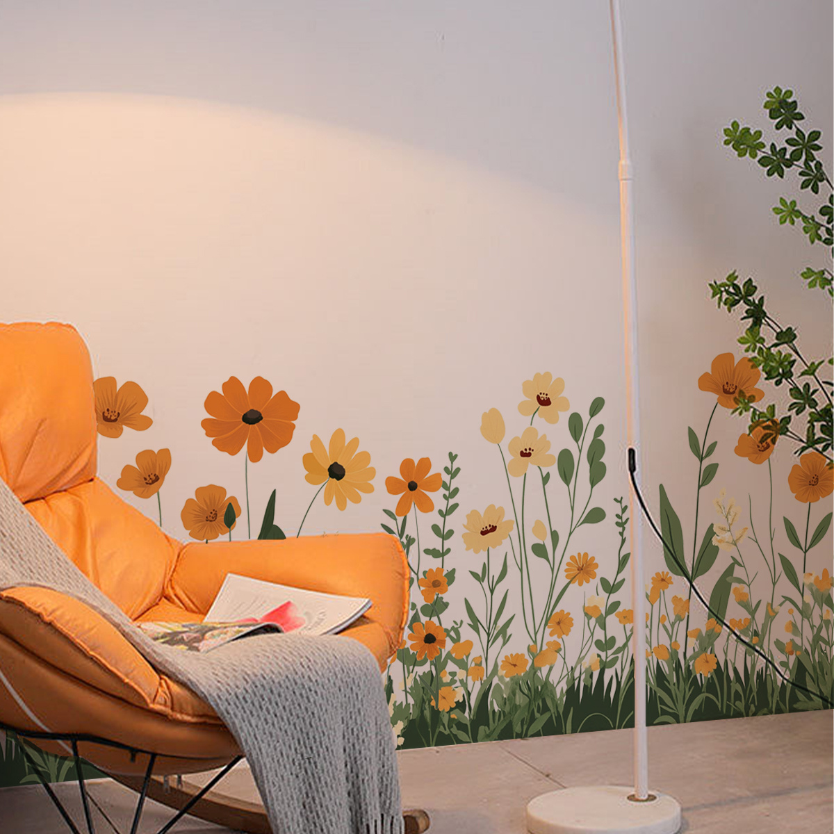 Um (30 * 60 Cm) Adesivo De Parede De Rodapé De Flores Silvestres Laranja-Amarelo De Baixa Saturação , Decoração De Canto