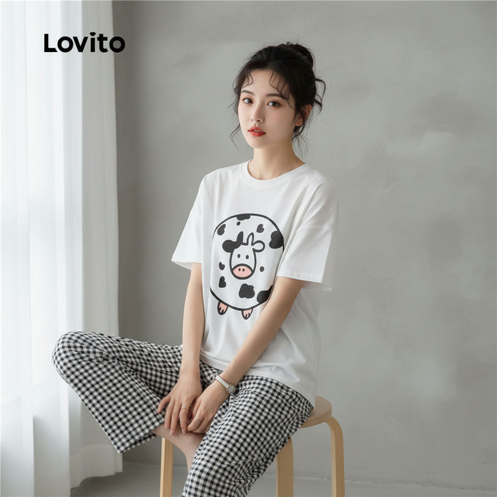 Lovito Pijama Feminino Casual 2 Peças Vaca Leiteira Solto Algodão Fresco LNE126135 em Oferta na Shopee