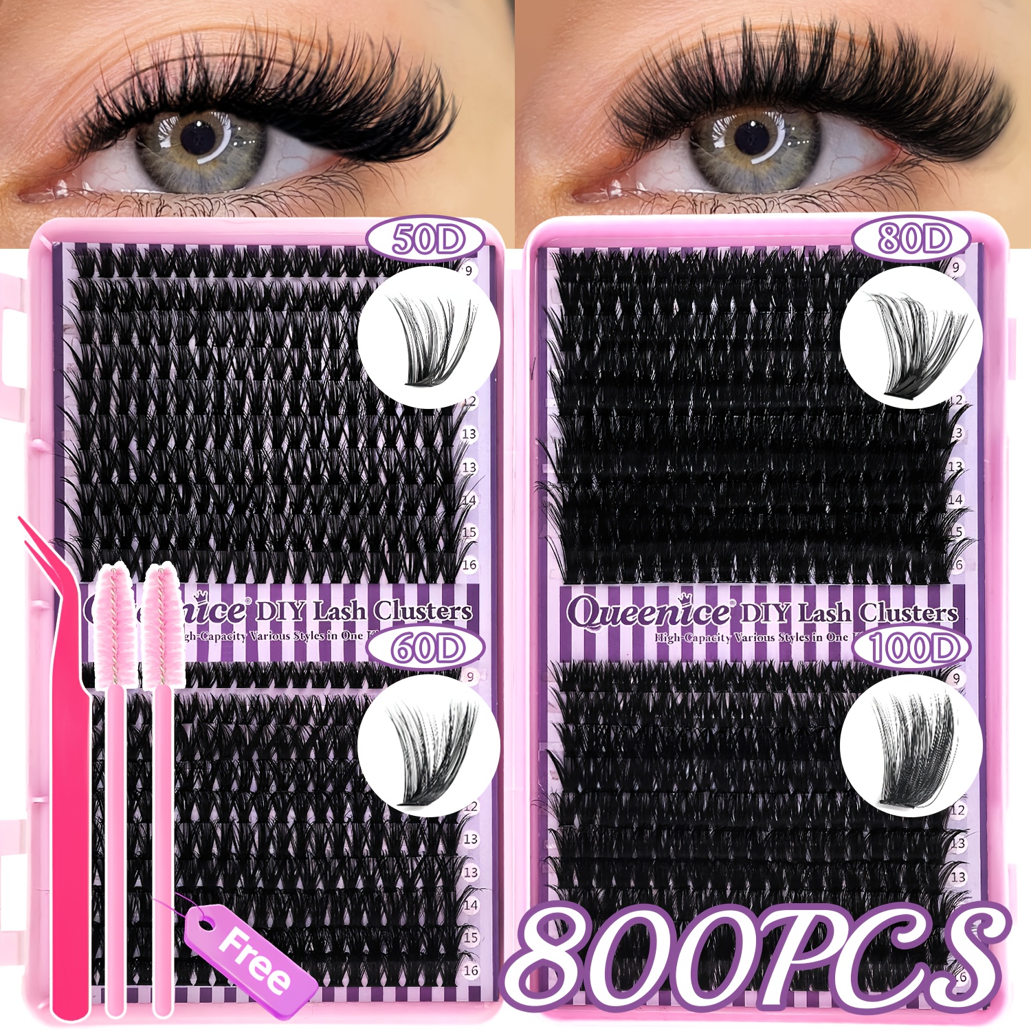  Queenice Extensão de Cílios (640/800pcs) 30D40D50D/50D60D80D100D, Cílios em Cluster C Cacho, Estilo Natural e Espesso,