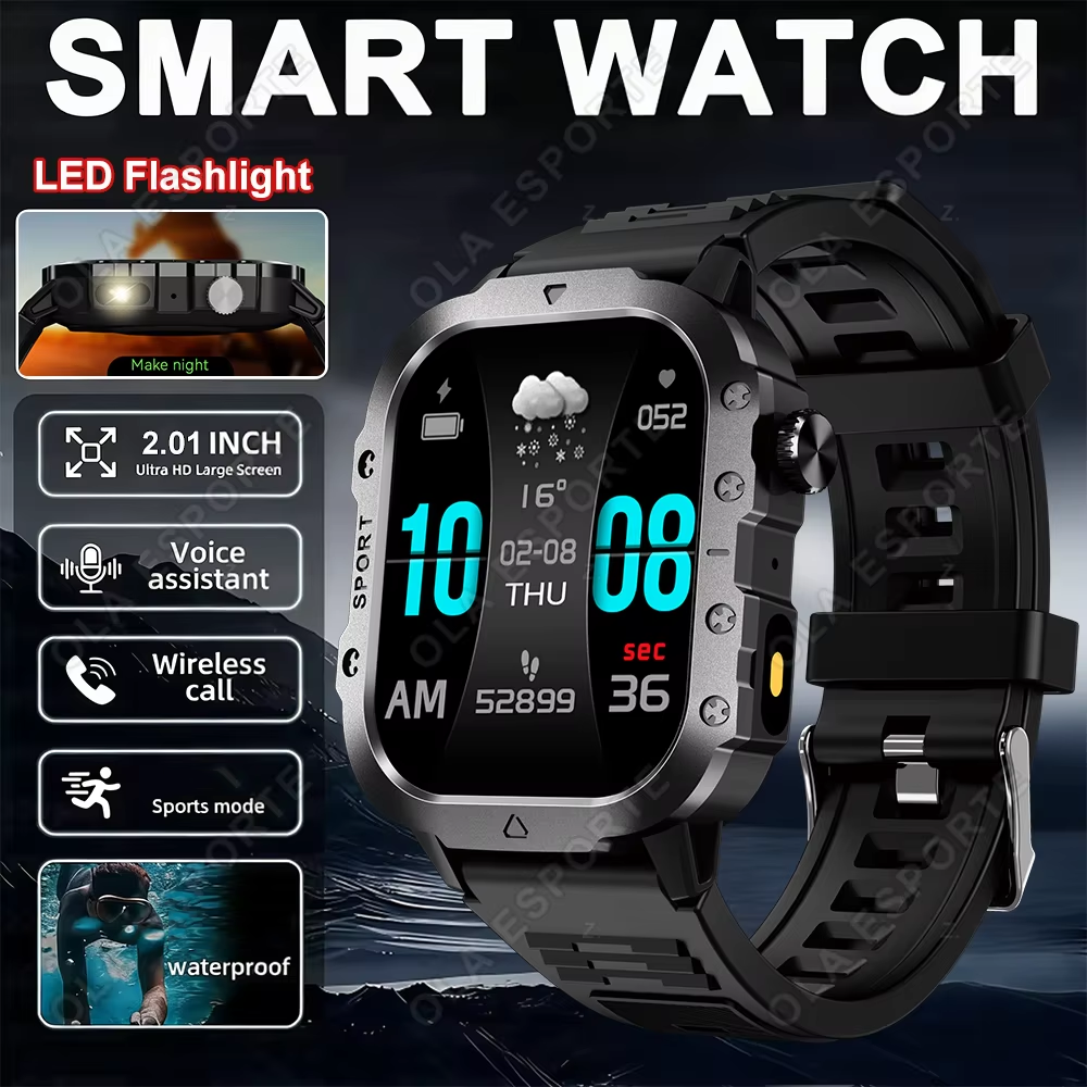 Relógio Inteligente Militar Masculino com Lanterna de LED à Prova D'Água, Monitor de Fitness Esportivo, Saúde e Chamada