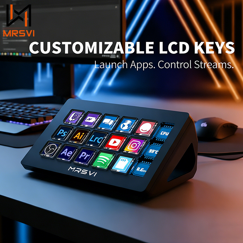 MRSVI 293S Visual Stream Deck com Dock de Teclado, 15 Teclas LCD, Botão Live para Produção de Conteúdo, Controlador