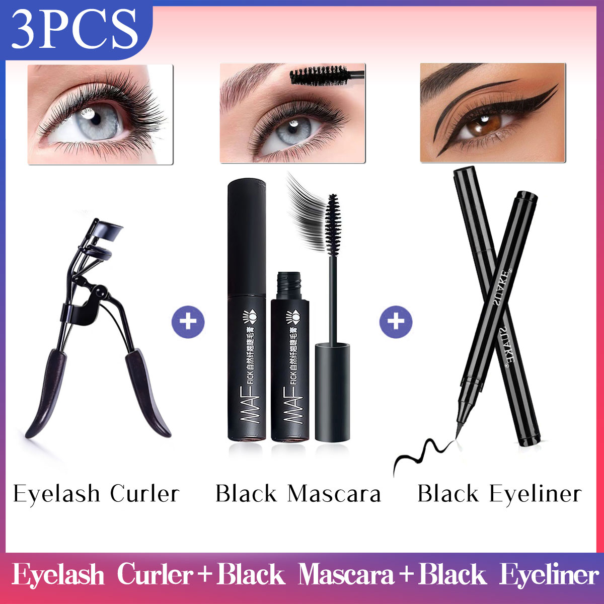 Conjunto de Maquiagem para Olhos: Máscara, Delineador, Rímel e Curvador de Cílios à Prova d'Água, Duradouro, Aplicação