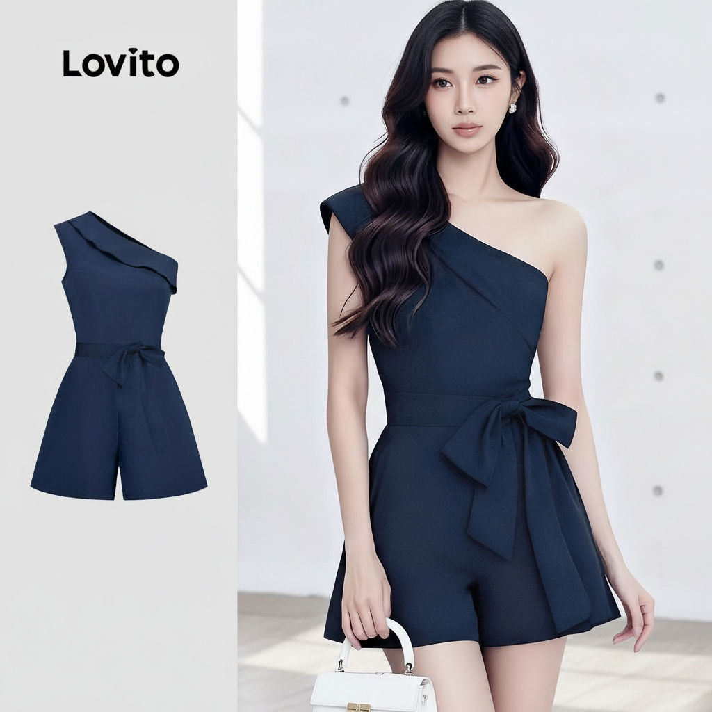 Lovito Macacão Feminino Azul Marinho Assimétrico Com Amarração Para Festas E Primavera Verão L165ED1453 em Oferta na Shopee