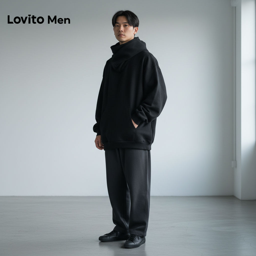 Lovito Moletom Masculino Casual Outono Inverno Preto Estrutura LNE127076
