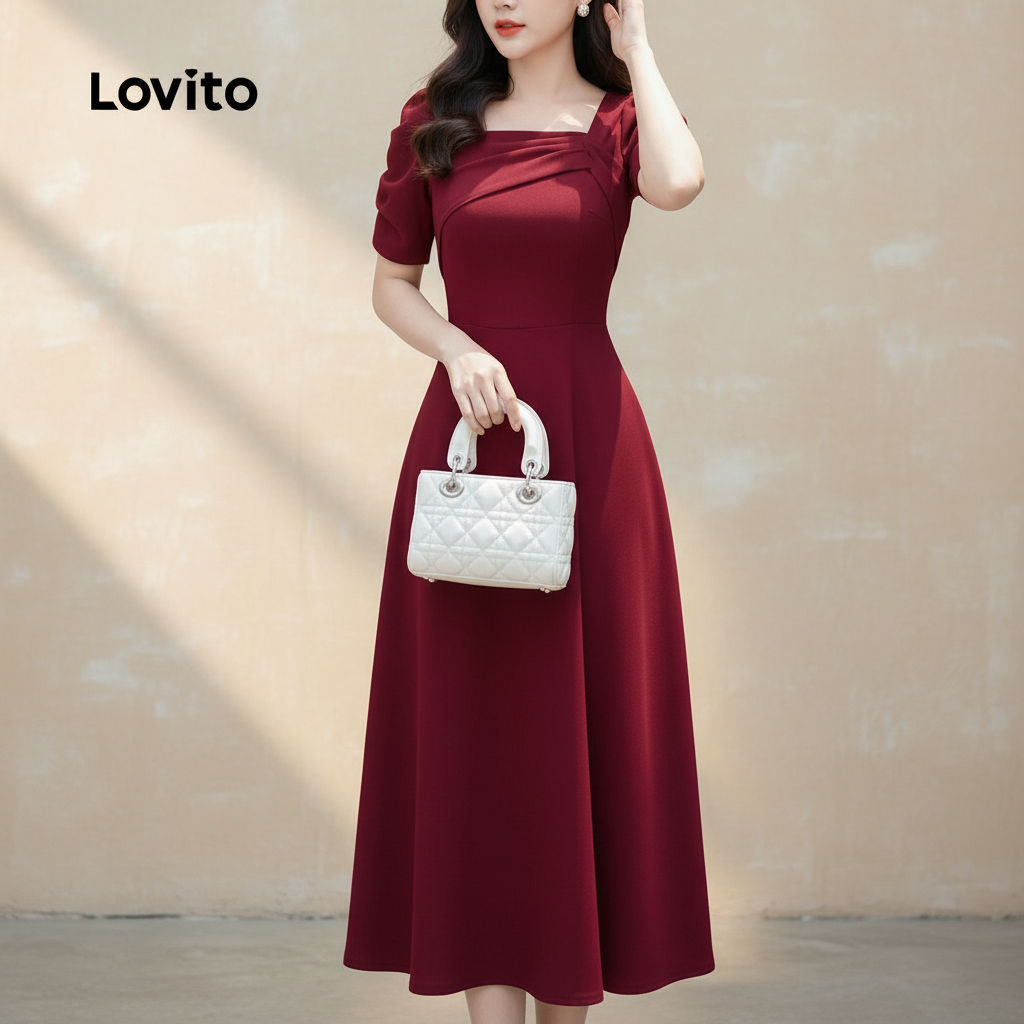 Lovito Vestido Feminino Plissado Vermelho Elegante Para Festa Primavera/verão LK2LD297